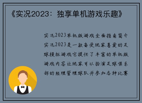 《实况2023：独享单机游戏乐趣》